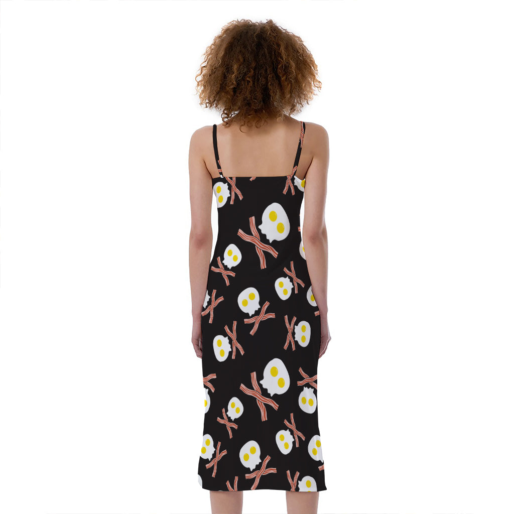 Skull Fried Egg And Bacon Pattern Print Slim Fit Midi Cami Dress