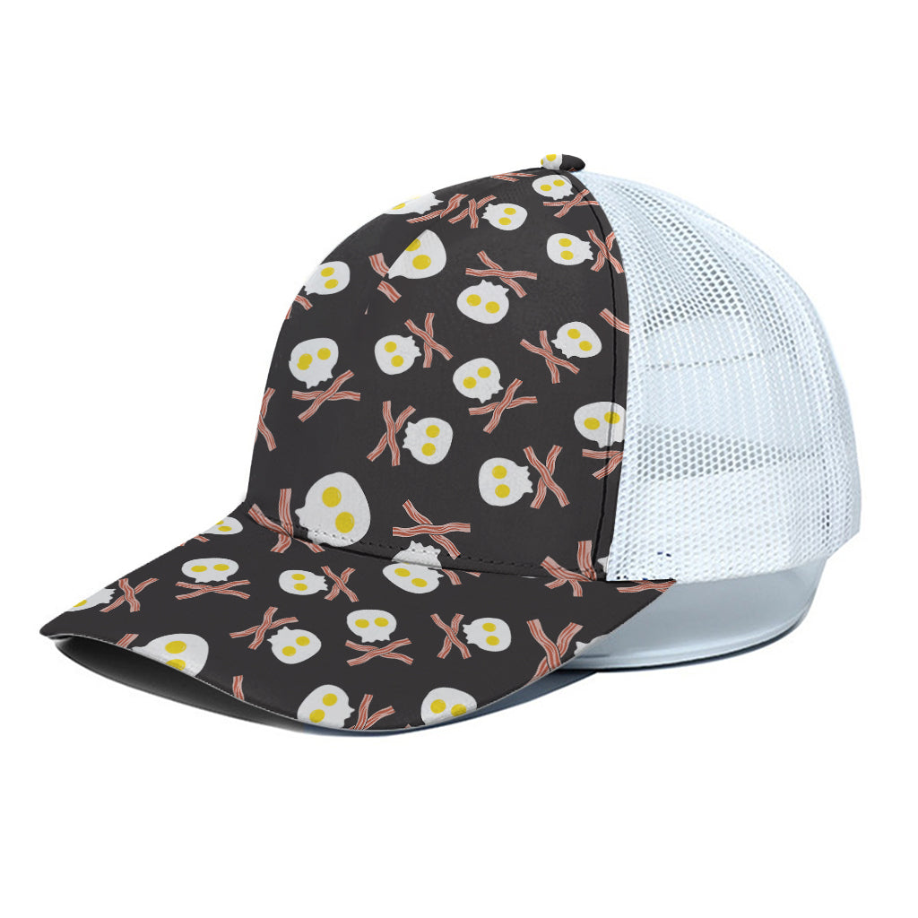 Skull Fried Egg And Bacon Pattern Print White Mesh Trucker Cap