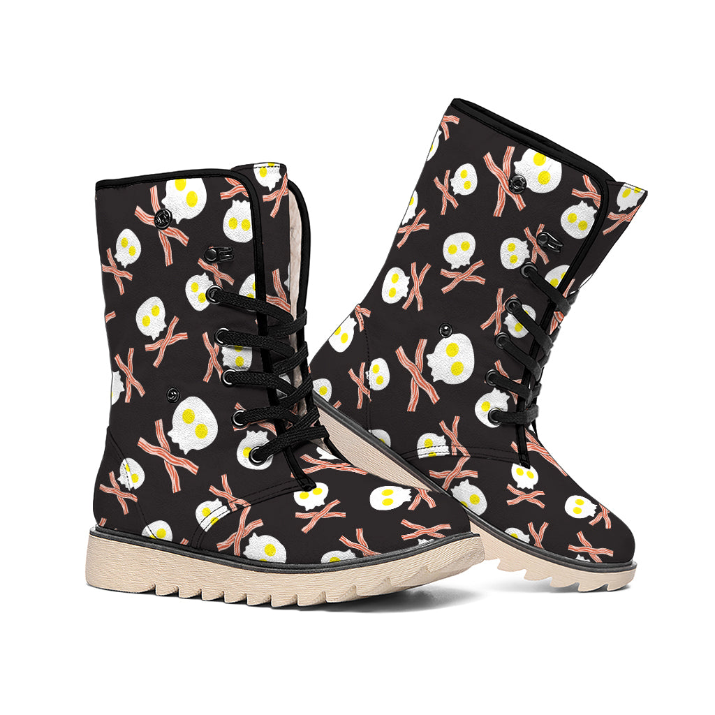 Skull Fried Egg And Bacon Pattern Print Winter Boots