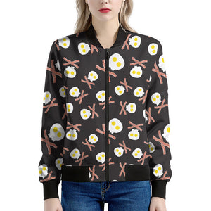 Skull Fried Egg And Bacon Pattern Print Women's Bomber Jacket