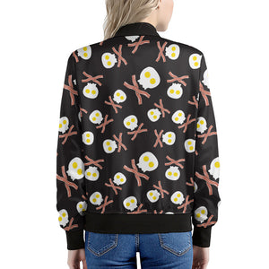 Skull Fried Egg And Bacon Pattern Print Women's Bomber Jacket