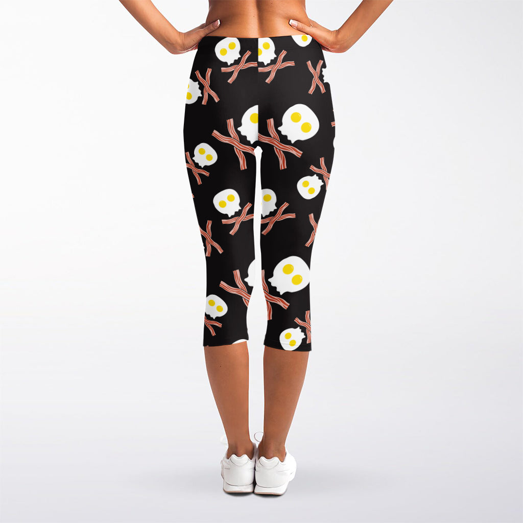 Skull Fried Egg And Bacon Pattern Print Women's Capri Leggings