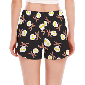 Skull Fried Egg And Bacon Pattern Print Women's Split Running Shorts