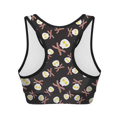 Skull Fried Egg And Bacon Pattern Print Women's Sports Bra