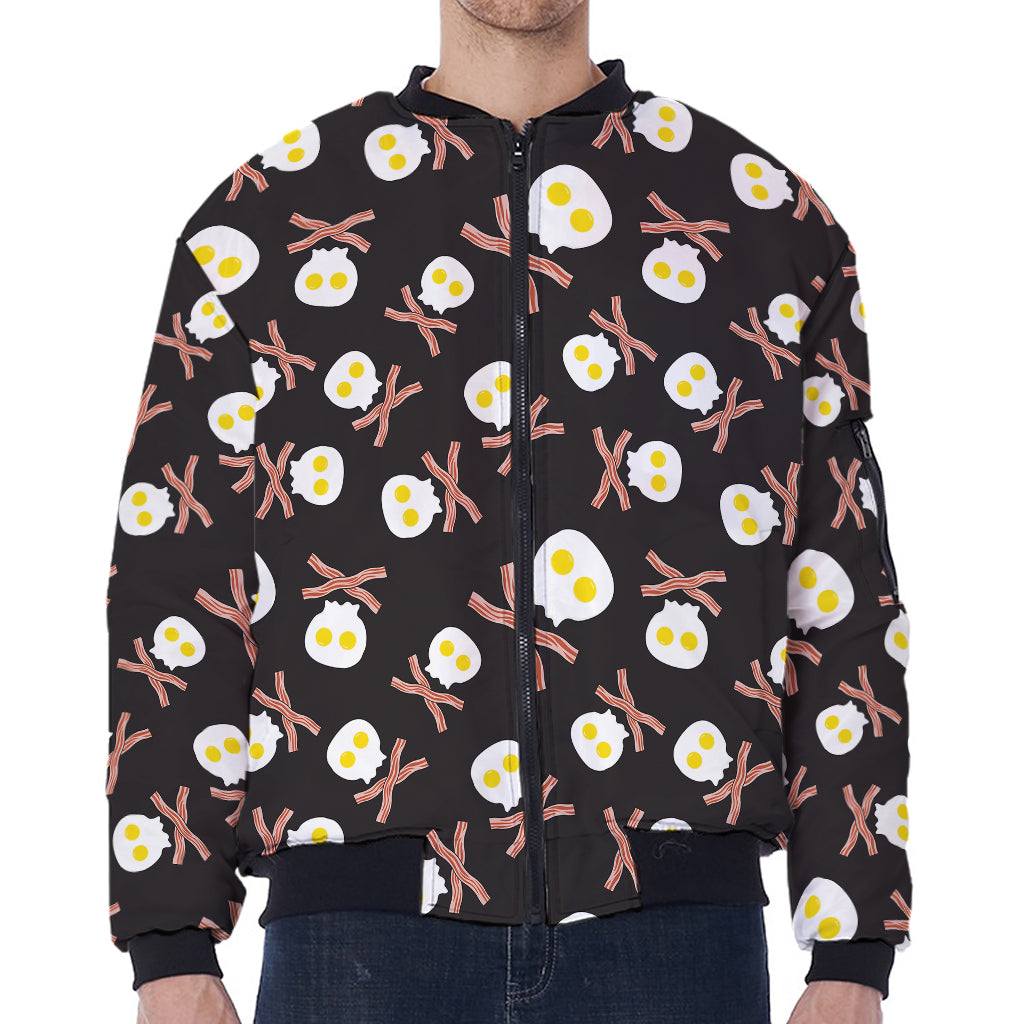 Skull Fried Egg And Bacon Pattern Print Zip Sleeve Bomber Jacket