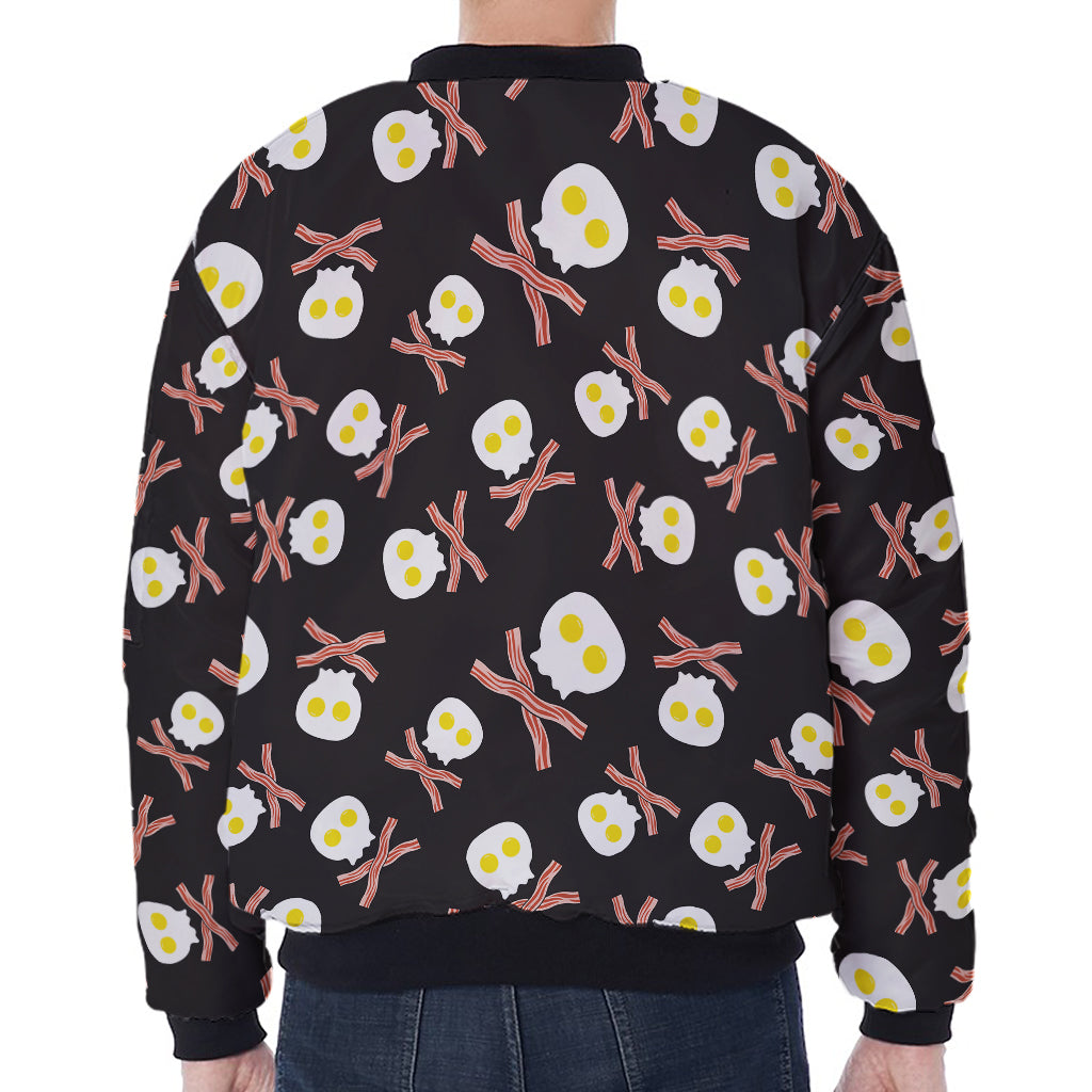 Skull Fried Egg And Bacon Pattern Print Zip Sleeve Bomber Jacket