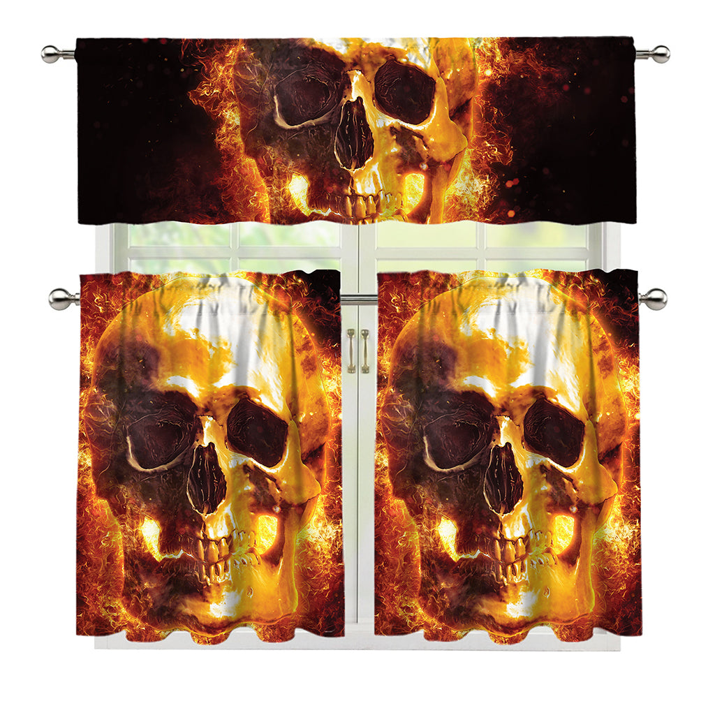 Skull In Flames Print 3 Piece Kitchen Curtains