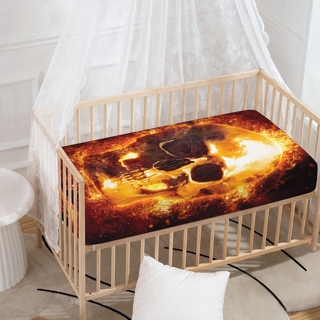 Skull In Flames Print Baby Crib Sheet