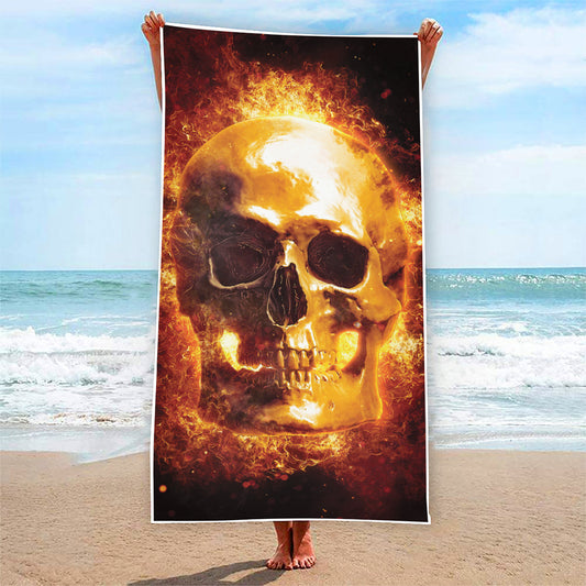 Skull In Flames Print Beach Towel