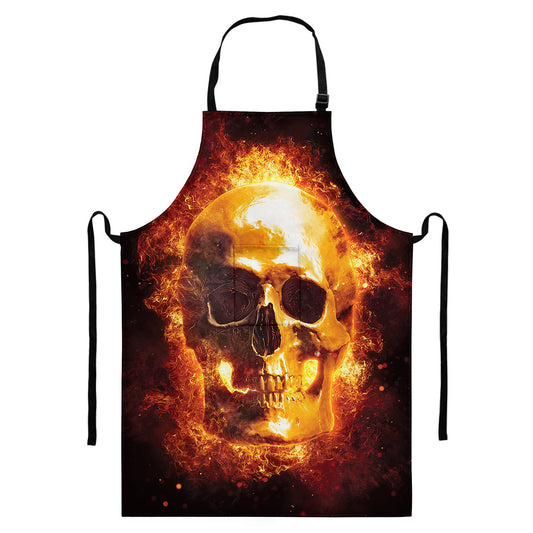 Skull In Flames Print Bib Apron With Pocket