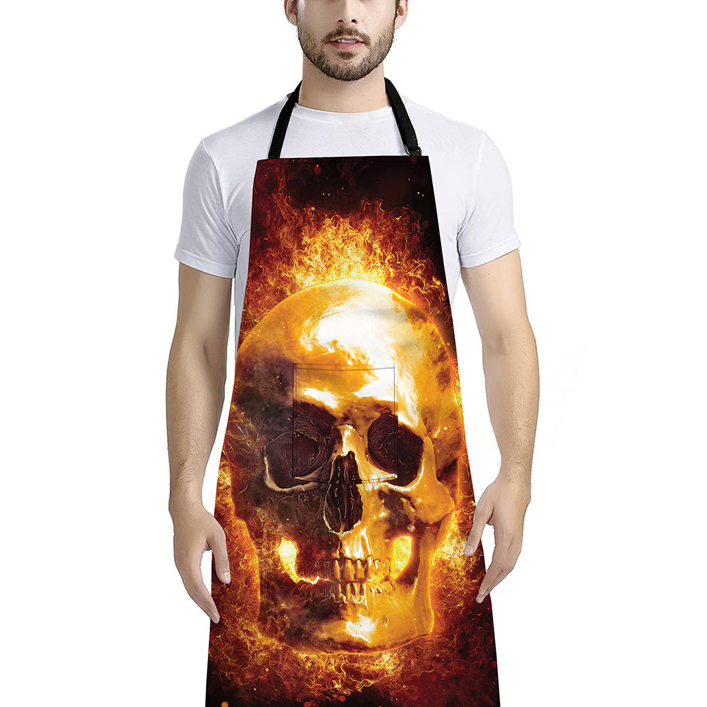 Skull In Flames Print Bib Apron With Pocket