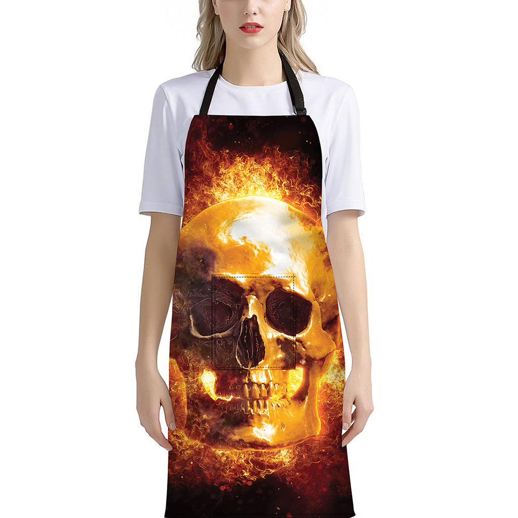 Skull In Flames Print Bib Apron With Pocket