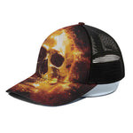 Skull In Flames Print Black Mesh Trucker Cap