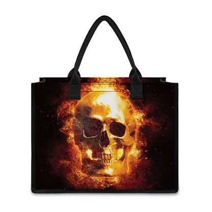 Skull In Flames Print Canvas Tote Bag
