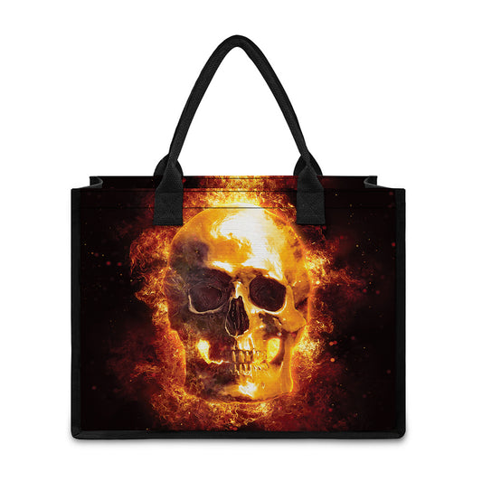 Skull In Flames Print Canvas Tote Bag