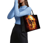 Skull In Flames Print Canvas Tote Bag