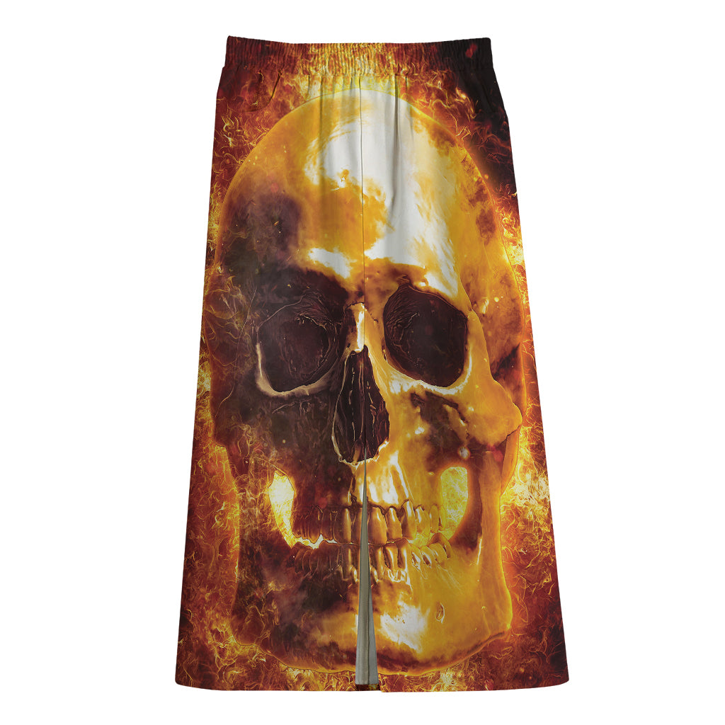 Skull In Flames Print Cotton Front Slit Maxi Skirt