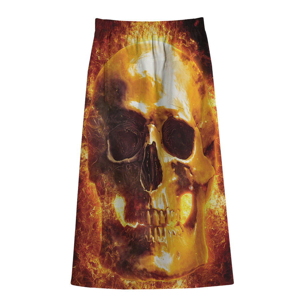Skull In Flames Print Cotton Front Slit Maxi Skirt