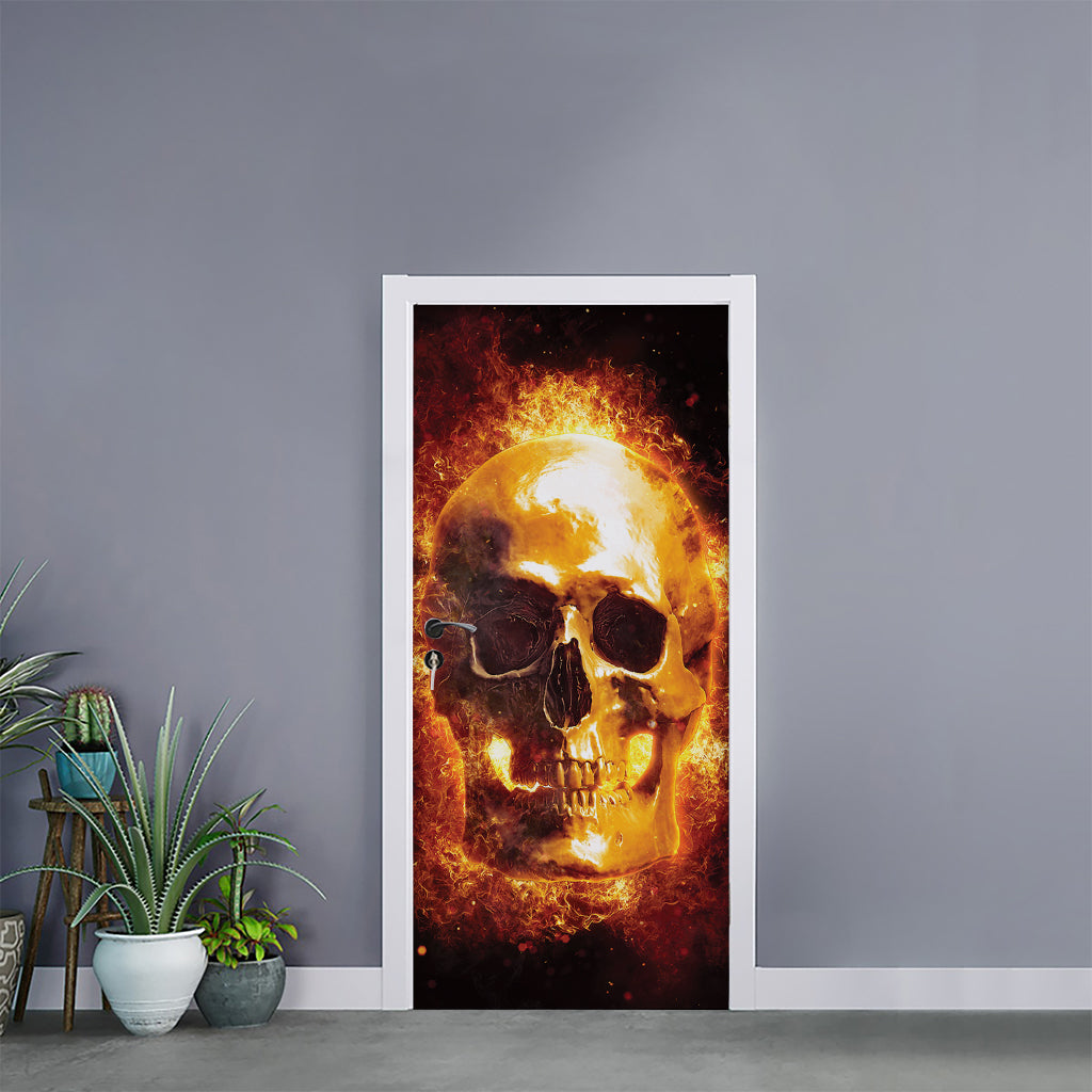 Skull In Flames Print Door Sticker