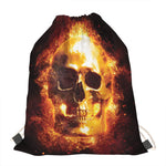 Skull In Flames Print Drawstring Bag