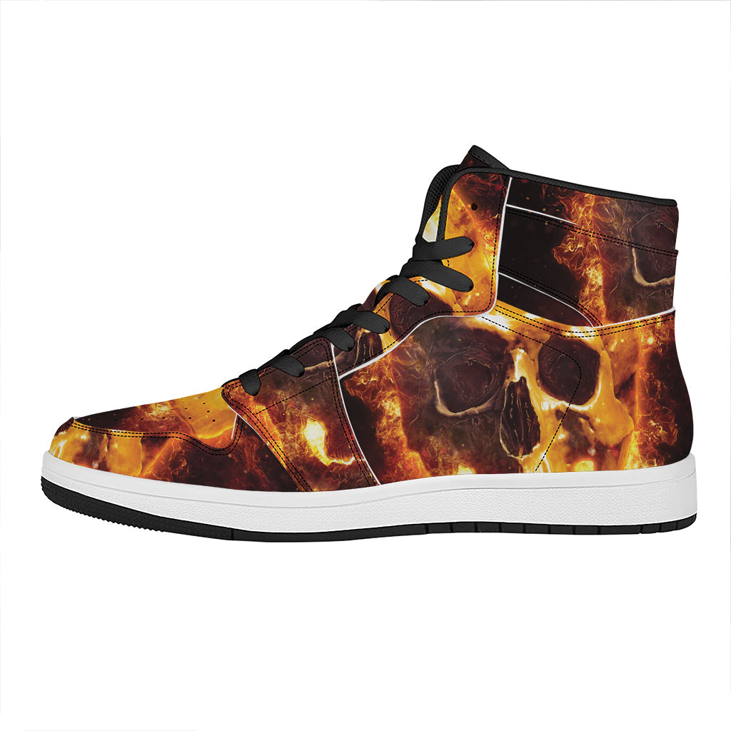 Skull In Flames Print High Top Leather Sneakers