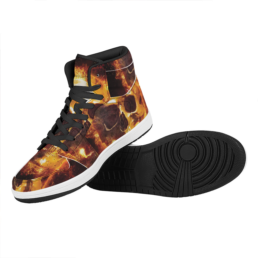 Skull In Flames Print High Top Leather Sneakers
