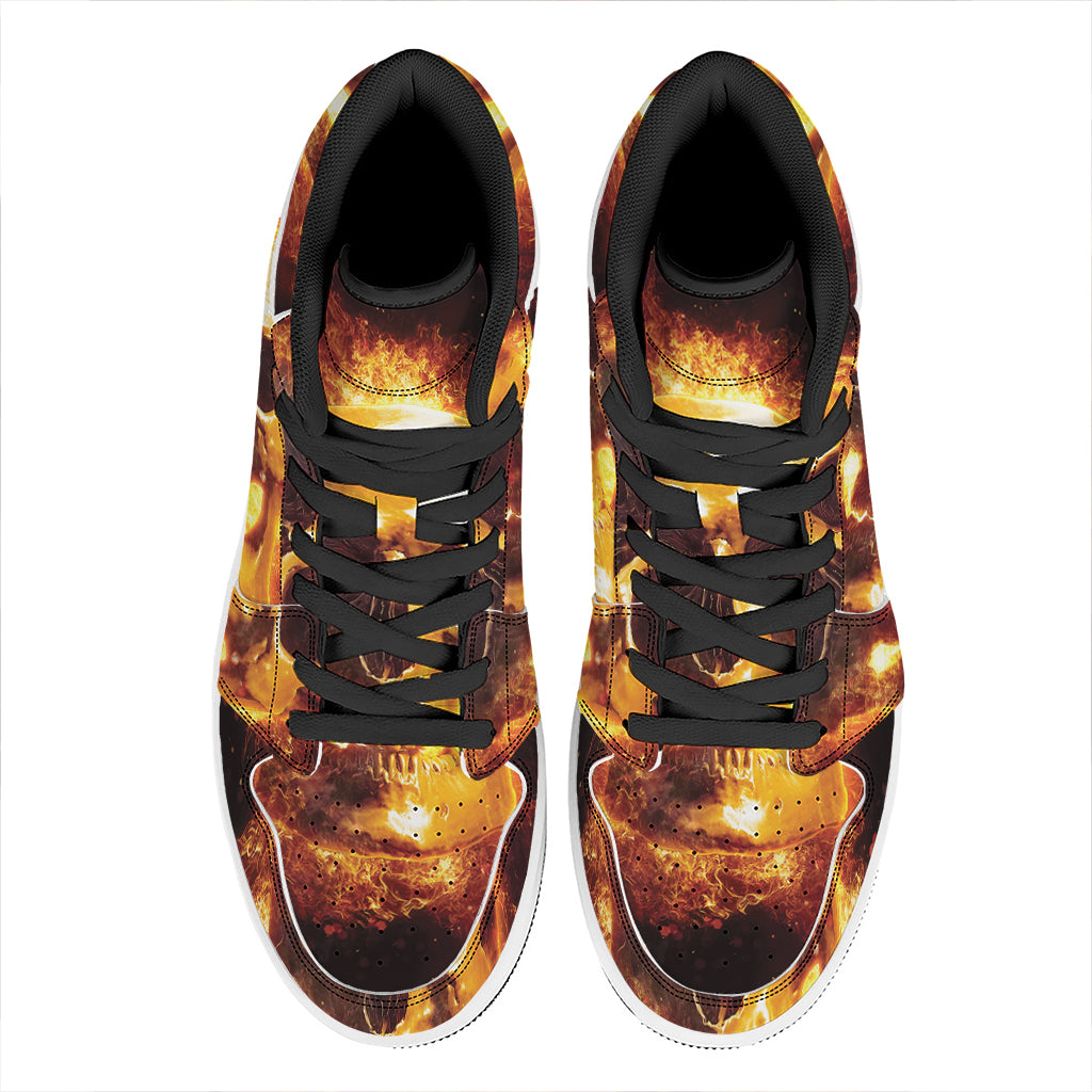 Skull In Flames Print High Top Leather Sneakers