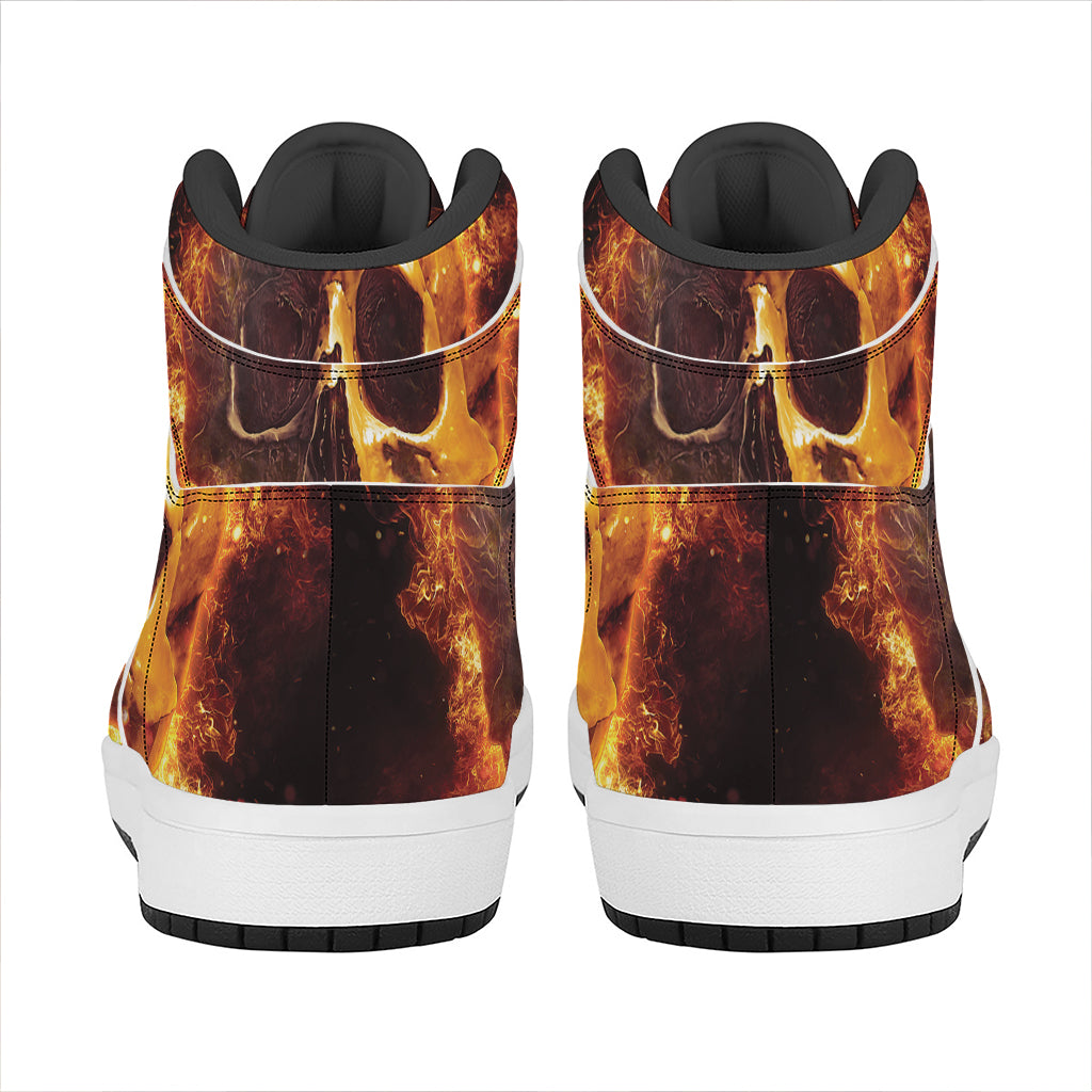 Skull In Flames Print High Top Leather Sneakers