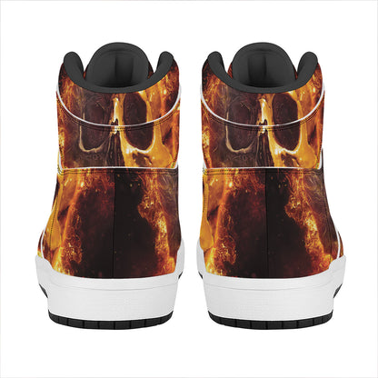 Skull In Flames Print High Top Leather Sneakers