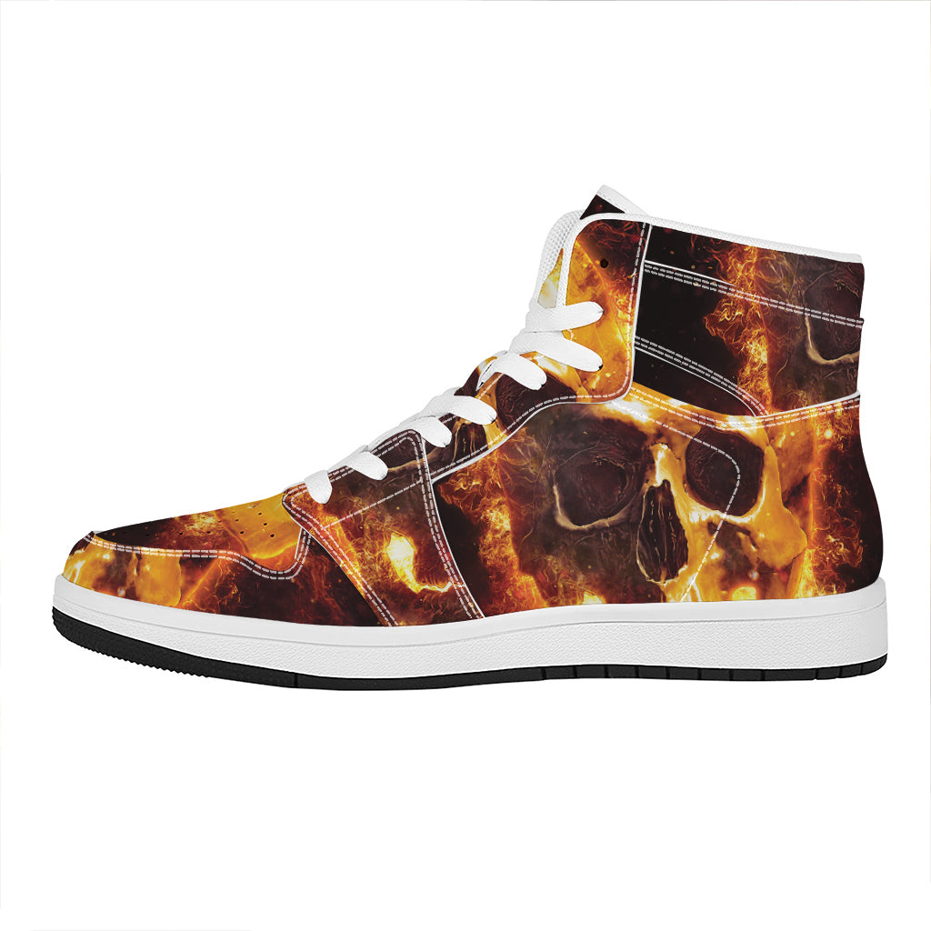 Skull In Flames Print High Top Leather Sneakers