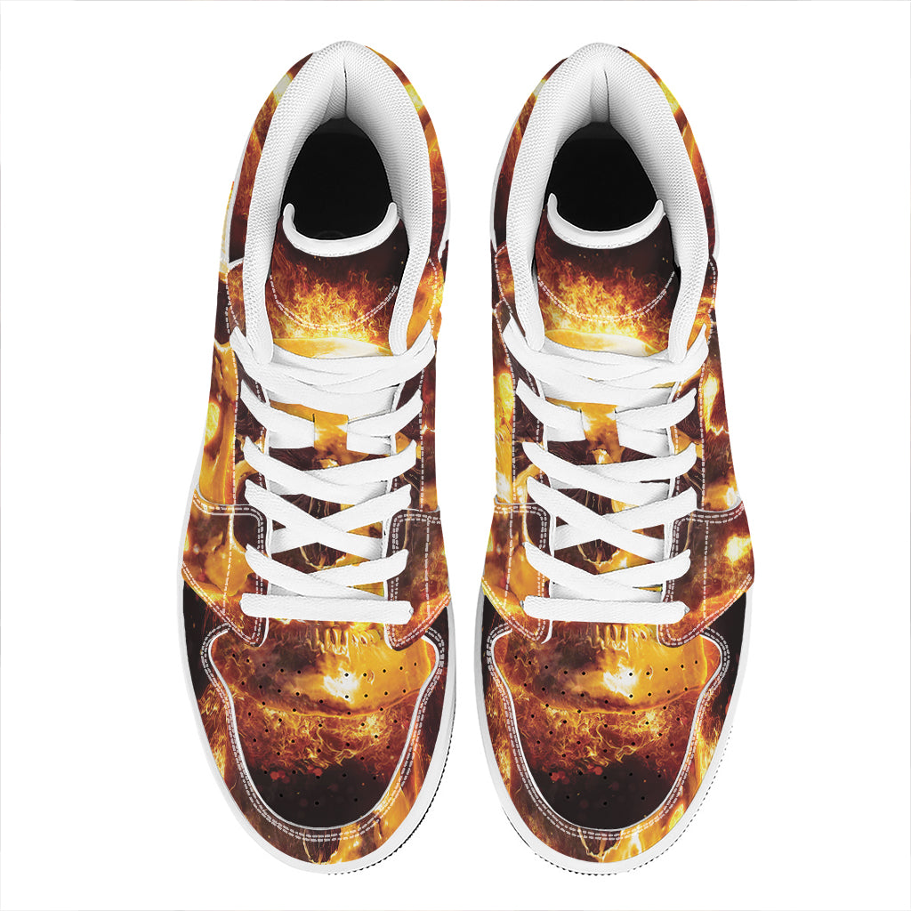 Skull In Flames Print High Top Leather Sneakers