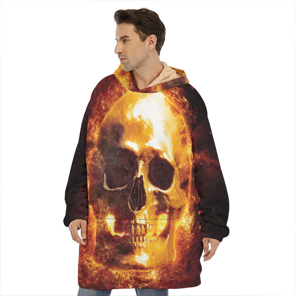 Skull In Flames Print Hoodie Blanket