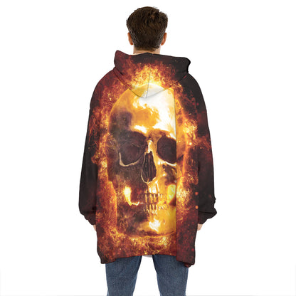 Skull In Flames Print Hoodie Blanket