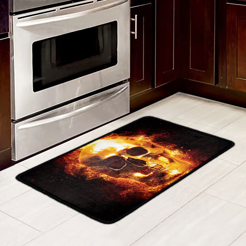 Skull In Flames Print Kitchen Mat