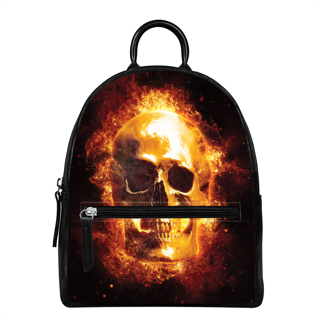 Skull In Flames Print Leather Backpack