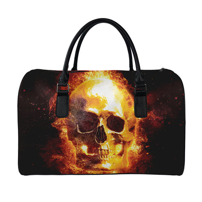 Skull In Flames Print Leather Duffle Bag