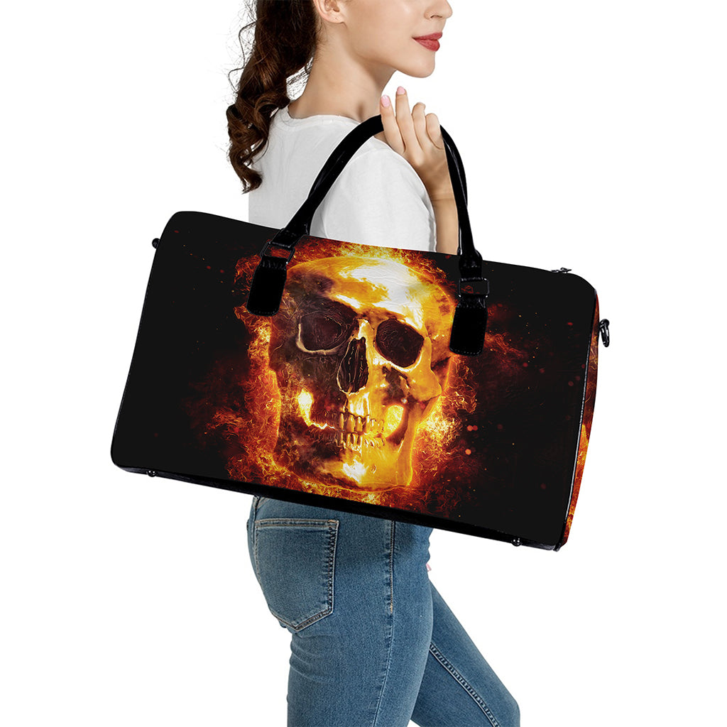 Skull In Flames Print Leather Duffle Bag