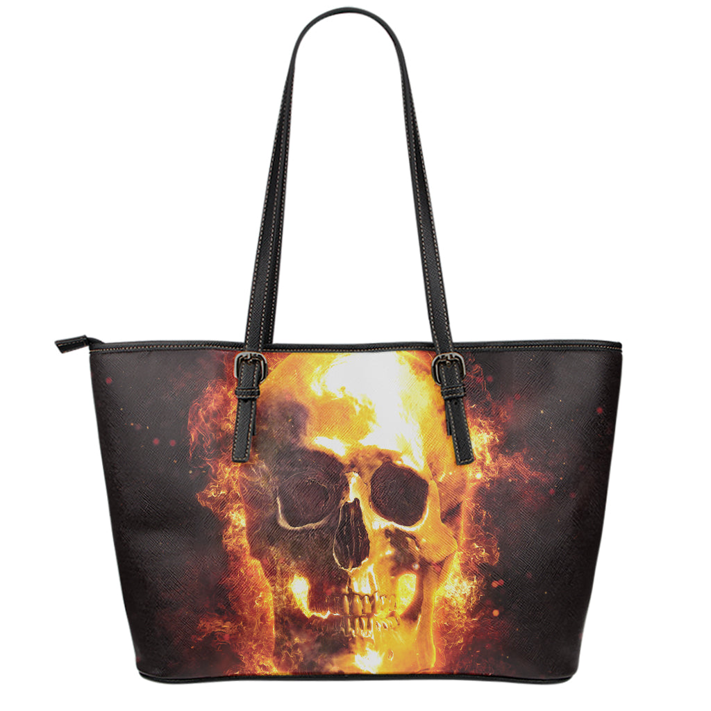 Skull In Flames Print Leather Tote Bag