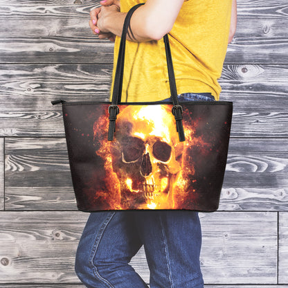 Skull In Flames Print Leather Tote Bag