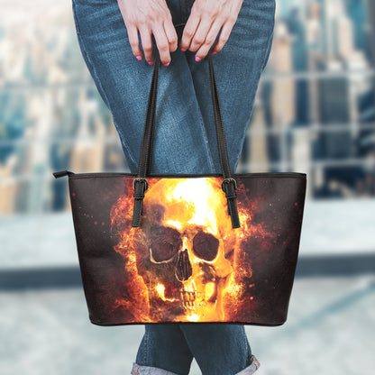 Skull In Flames Print Leather Tote Bag