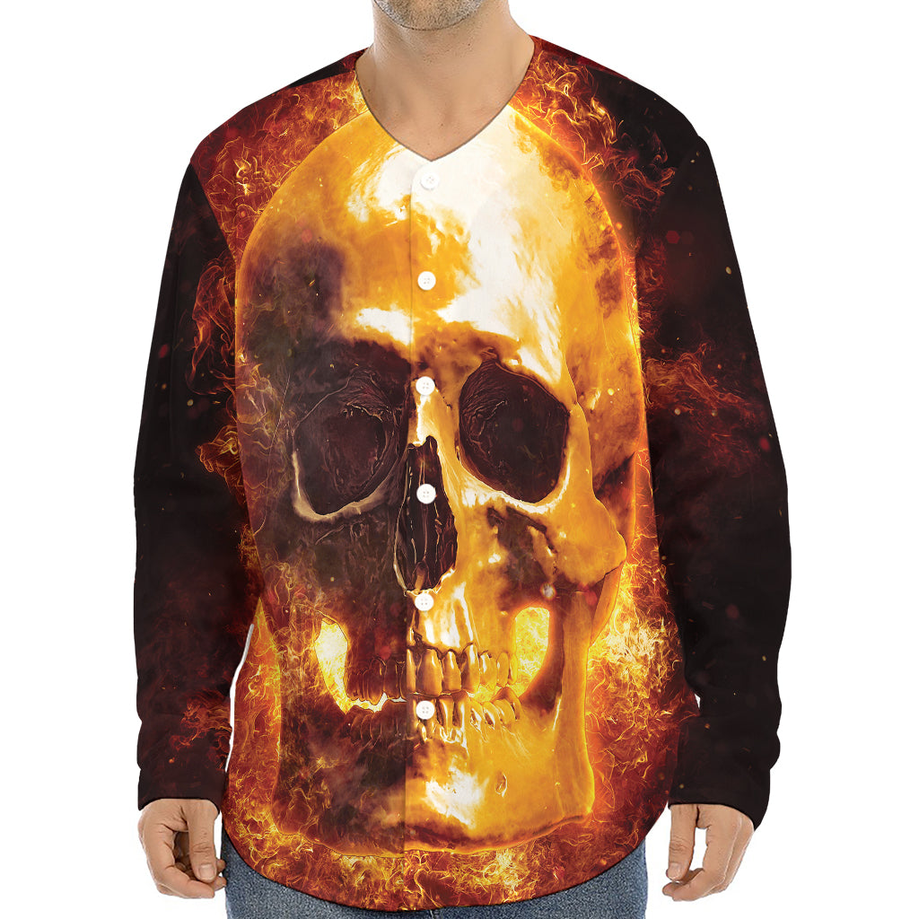 Skull In Flames Print Long Sleeve Baseball Jersey