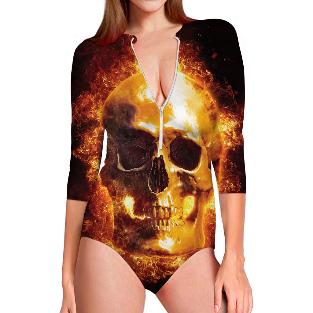 Skull In Flames Print Long Sleeve Swimsuit