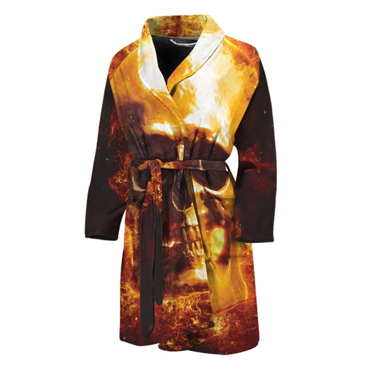 Skull In Flames Print Men's Bathrobe