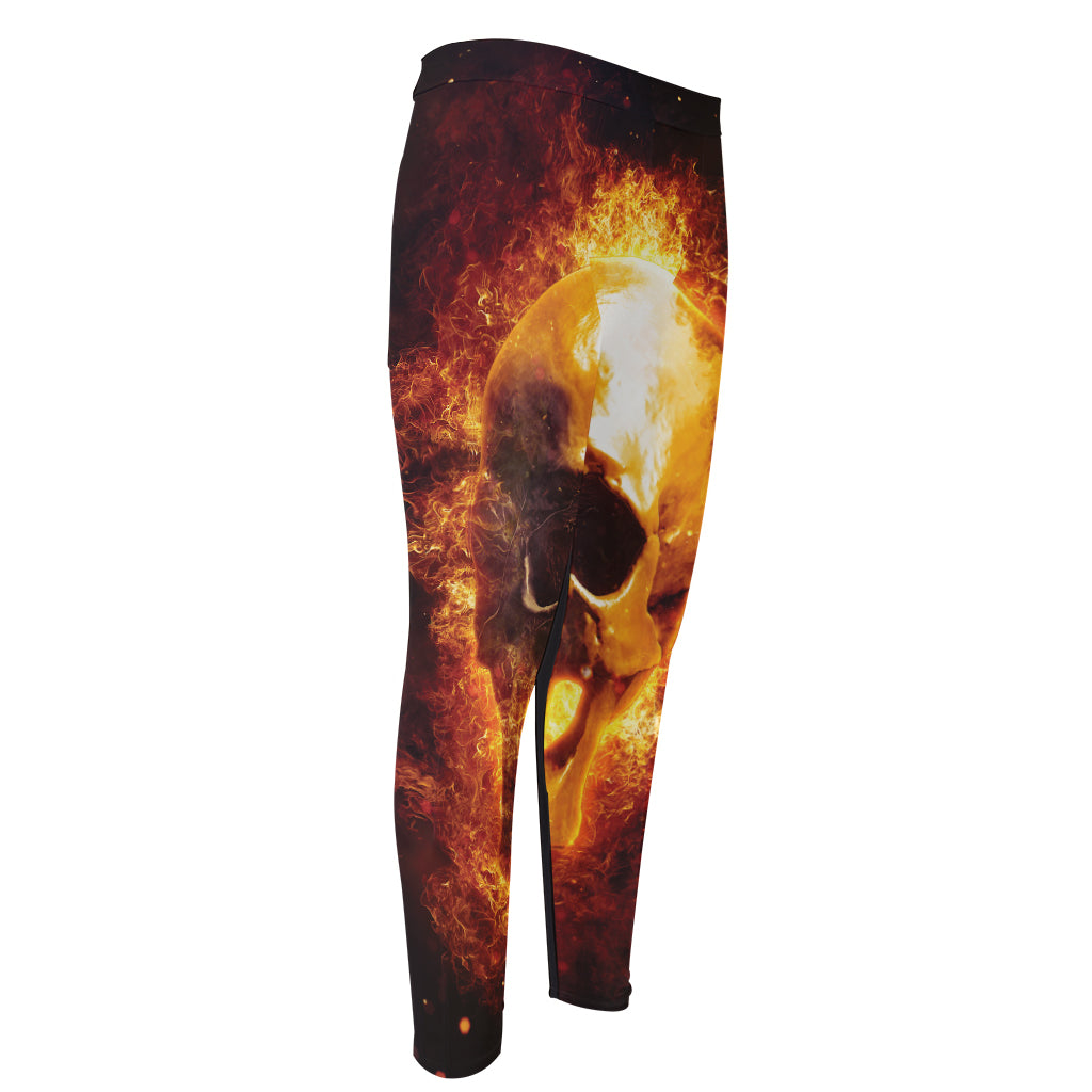 Skull In Flames Print Men's Compression Pants