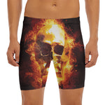 Skull In Flames Print Men's Long Boxer Briefs