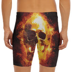 Skull In Flames Print Men's Long Boxer Briefs