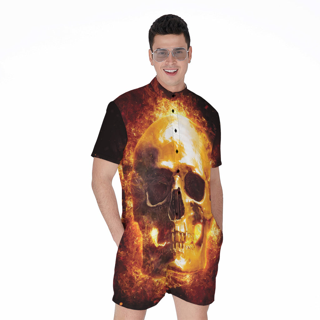 Skull In Flames Print Men's Rompers