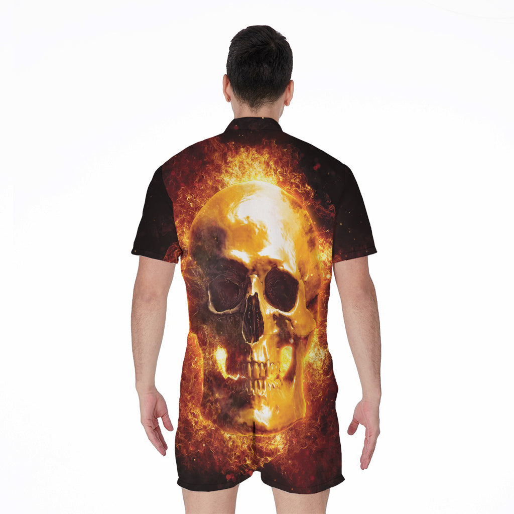 Skull In Flames Print Men's Rompers