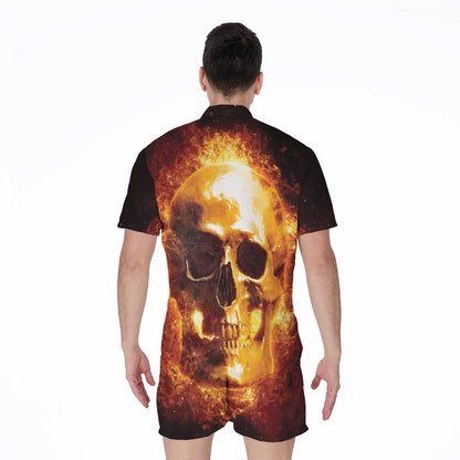 Skull In Flames Print Men's Rompers