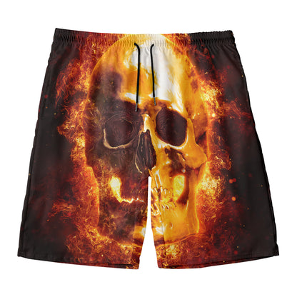 Skull In Flames Print Men's Swim Trunks